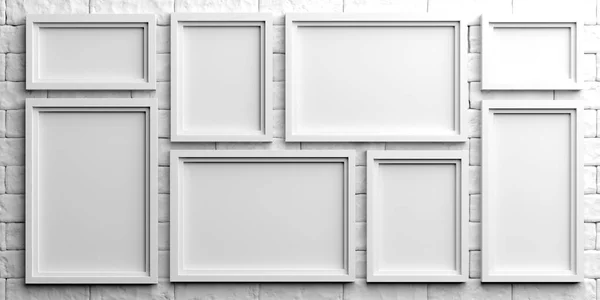Λευκά πλαίσια σε φόντο λευκό τούβλο. 3D απεικόνιση — Φωτογραφία Αρχείου