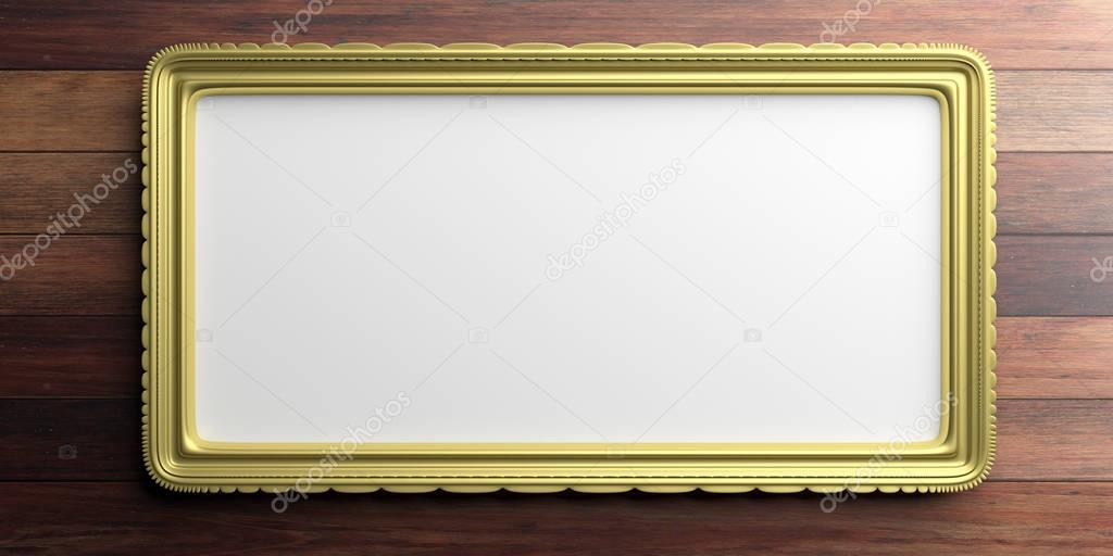 Golden frame on wooden background. 3d illustration