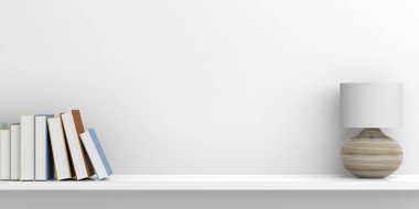 Masa lambası ve kitap raf - beyaz arka plan üzerinde. 3D çizim