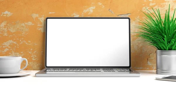 Laptop mit leerem Bildschirm und Büchern auf einem weißen Schreibtisch. 3D-Illustration — Stockfoto