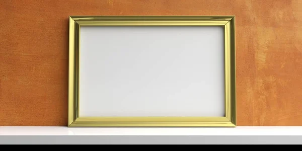 Золотая рамка на белой полке - штукатурка на фоне стены. 3d иллюстрация — стоковое фото