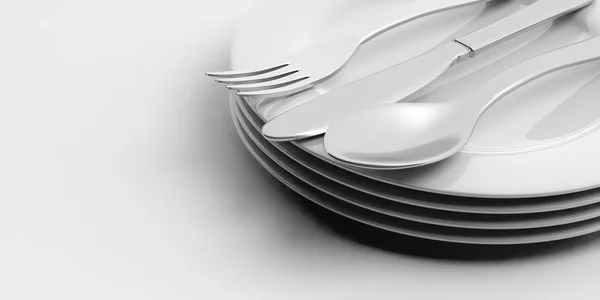 Montón de platos y cubiertos sobre fondo blanco. ilustración 3d —  Fotos de Stock