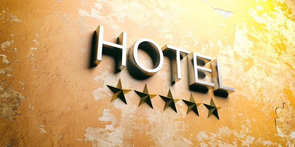 Hotelschild an stuckbemalter Wand. 3D-Illustration — Stockfoto