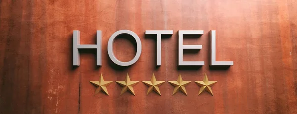 Semnul hotelului pe peretele vopsit cu stuc. Ilustrație 3d — Fotografie, imagine de stoc