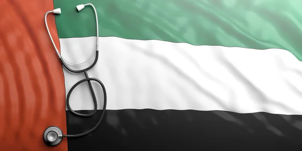 Stethoskop auf der Flagge der Vereinigten Arabischen Emirate, 3D-Illustration — Stockfoto