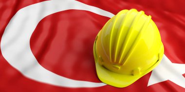 Sarı kask Türkiye bayrağı üzerinde. 3D çizim