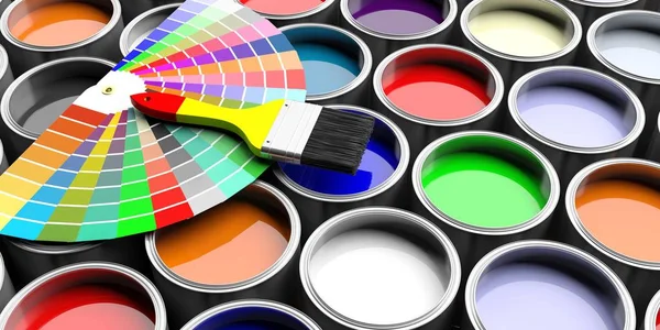 Plechovek barvy katalog a malování štětec na barvy pozadí. 3D obrázek — Stock fotografie