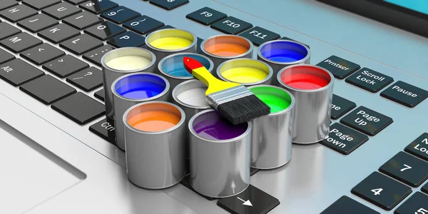 Plechovky od barev a štětce na počítači, 3d obrázek — Stock fotografie