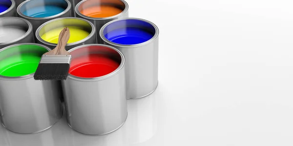 Plechovky od barev a štětce na bílém pozadí, 3d obrázek — Stock fotografie