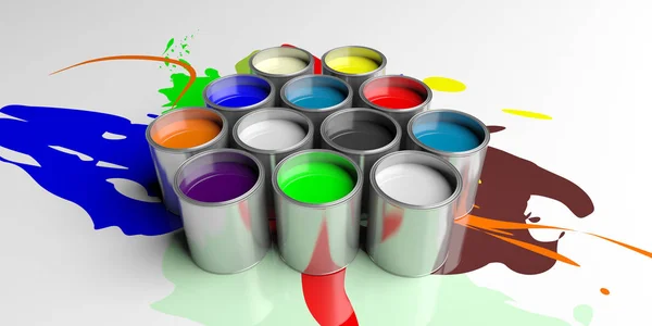Цветные банки краски на белом фоне, 3d иллюстрация — стоковое фото