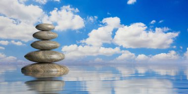 Mavi arka plan Zen taş yığını. 3D çizim