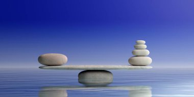 Zen taşlar mavi arka plan üzerinde ölçekler. 3D çizim