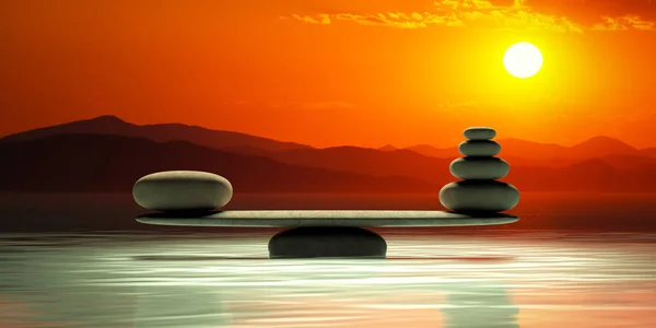 Pietre zen squame su sfondo tramonto. Illustrazione 3d — Foto Stock