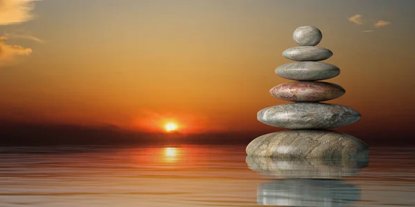 Zen stones stos o zachodzie słońca. ilustracja 3D — Zdjęcie stockowe