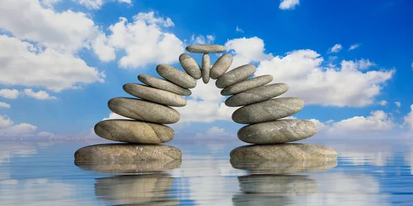 Piedras Zen sobre fondo azul mar y cielo. ilustración 3d —  Fotos de Stock