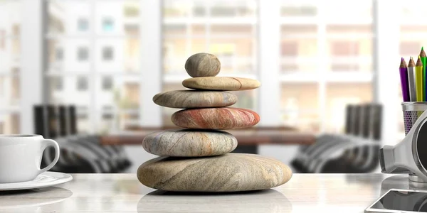 Zen-Steine stapeln sich auf einem Schreibtisch, Bürohintergrund. 3D-Illustration — Stockfoto
