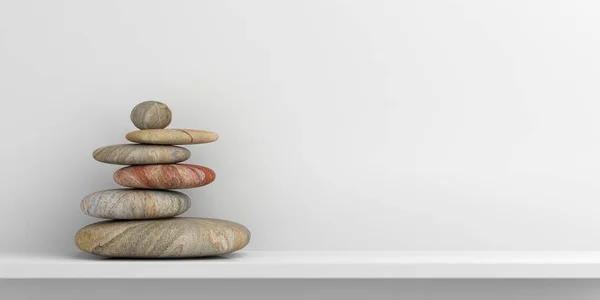 Zen-Steine auf einem weißen Regal. 3D-Illustration — Stockfoto