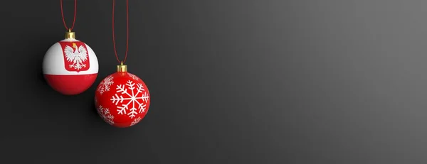 Прапор Польщі на Різдво м'яч, чорний фон. 3D ілюстрація — стокове фото