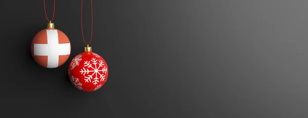 Švýcarsko vlajka na vánoční ples, černé pozadí. 3D obrázek — Stock fotografie