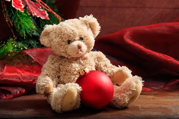 Christmas decoration and teddy bear — Stock Photo, Image