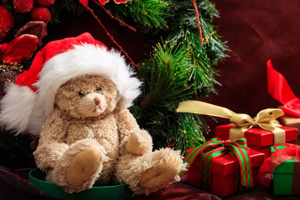 Christmas decoration, teddy bear and gifts Royalty Free Stock Photos