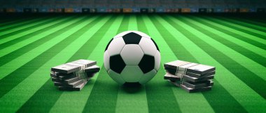 Futbol futbol topu ve alan arka plan üzerinde banknot. 3D çizim