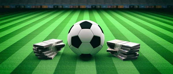 Fotboll Fotboll och sedlar på fältet bakgrund. 3D illustration — Stockfoto