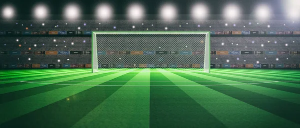 Ποδόσφαιρο φωτιζόμενο γήπεδο τη νύχτα. 3D απεικόνιση — Φωτογραφία Αρχείου