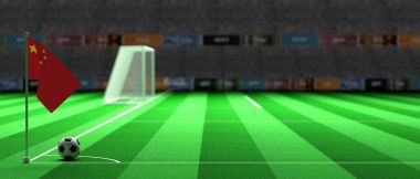 Çin bayrağı bir futbol sahası üzerinde. 3D çizim