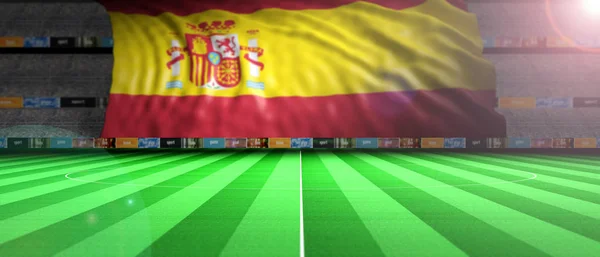 Spanyolország lobogója a kivilágított focipálya. 3D-s illusztráció — Stock Fotó