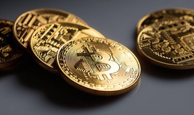 Bitcoins gri arka plan üzerinde