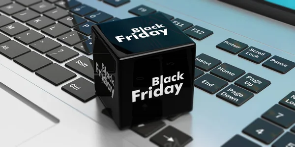Černý pátek prodej online. Černá kostka v přenosném počítači. 3D obrázek — Stock fotografie