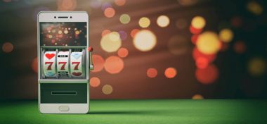 Bir smartphone ekran, yeşil keçe ve arka plan üzerinde slot makinesidir. 3D çizim