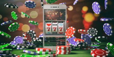 Bir smartphone ekran, poker fişleri ve arka plan üzerinde slot makinesidir. 3D çizim