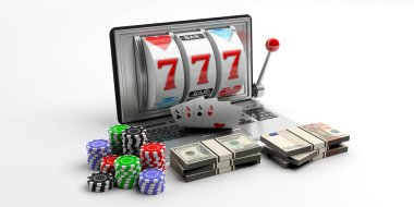 Slot makinesinde bir dizüstü bilgisayar ekranı, kartları, para ve poker fişleri. 3D çizim