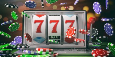 Slot makinesinde bir dizüstü bilgisayar ekranı ve düşen poker fişleri. 3D çizim