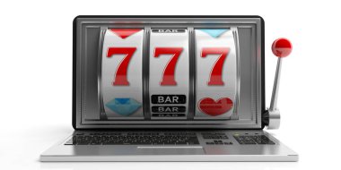 Bir dizüstü bilgisayar ekranında slot makinesidir. 3D çizim