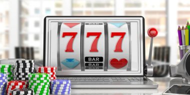 Slot makinesinde bir dizüstü bilgisayar ekranı ve poker fişleri. 3D çizim