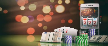 Bir smartphone ekran, poker fişleri, kartları ve para kumar makinesi. 3D çizim