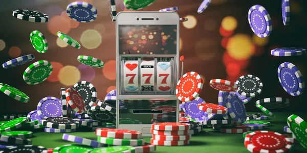 Slotmachine op het scherm van een smartphone, poker chips en abstracte achtergrond. 3D illustratie — Stockfoto