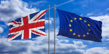 Mavi gökyüzü arka plan üzerinde İngiltere'de ve Avrupa Birliği bayrakları. 3D çizim