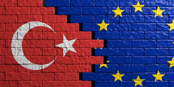 Прапор Європейського Союзу та Туреччини, цегляні стіни фону. 3D ілюстрація — стокове фото