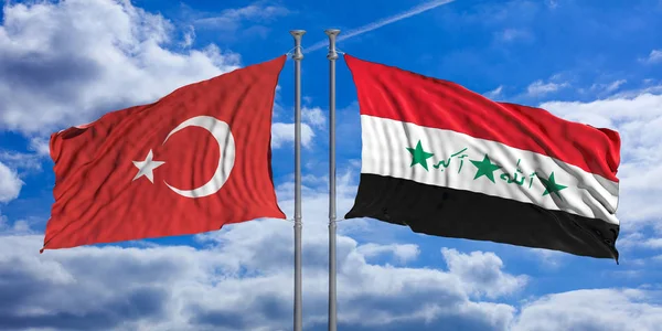 Флаги Турции и Ирака на голубом фоне неба. 3d иллюстрация — стоковое фото