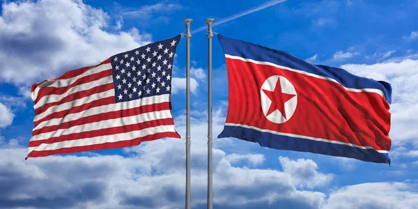 Corea del Norte y EE.UU. banderas en el fondo del cielo azul. ilustración 3d — Foto de Stock