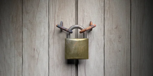 Padlock on wooden door background. 3d illustration — Stock Photo, Image