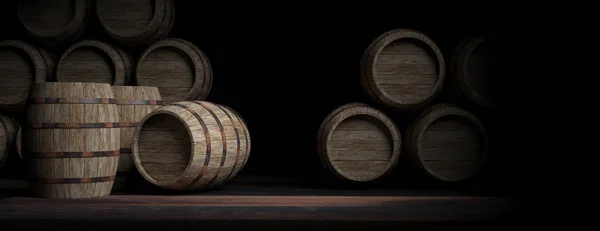 Wooden barrels on dark background. 3d illustration — Stock Photo, Image