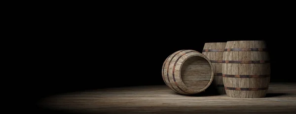 Wooden barrels on dark background. 3d illustration — Stock Photo, Image