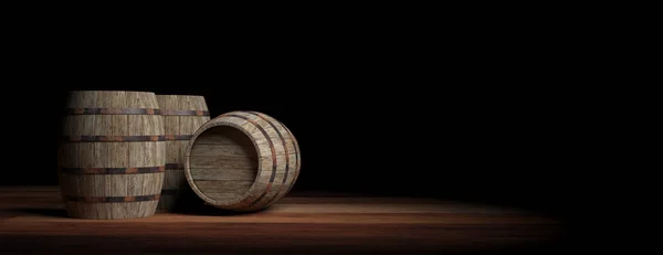 Wooden barrels on dark background. 3d illustration — Stock Photo, Image