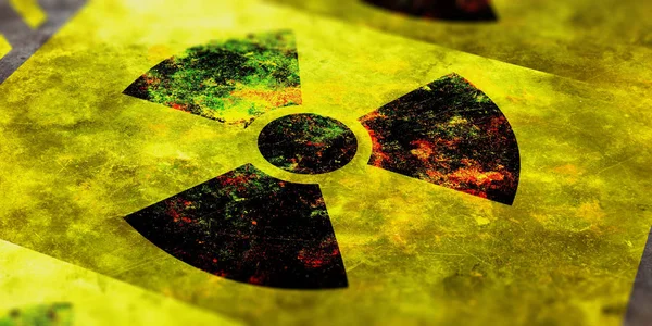 Simbolo di radiazione, sfondo giallo. Illustrazione 3d — Foto Stock