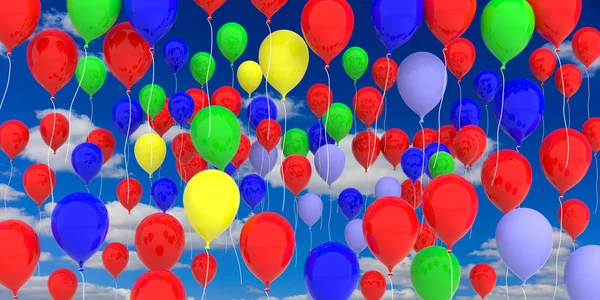 Palloncini colorati su sfondo cielo blu. Illustrazione 3d — Foto Stock